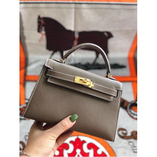Hermes original mini Kelly chevre mysore K19CM grey&Gold Metal