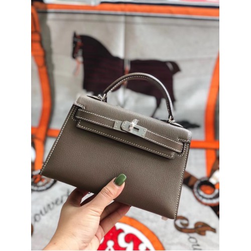 Hermes original mini Kelly chevre mysore K19CM grey&silver Metal