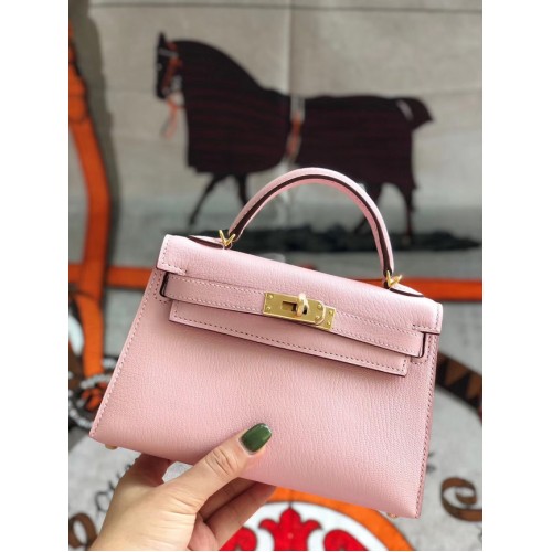 Hermes original mini Kelly chevre mysore K19CM pink&Gold Metal