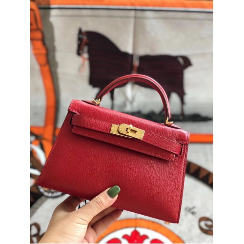 Hermes original mini Kelly chevre mysore K19CM red&Gold Metal