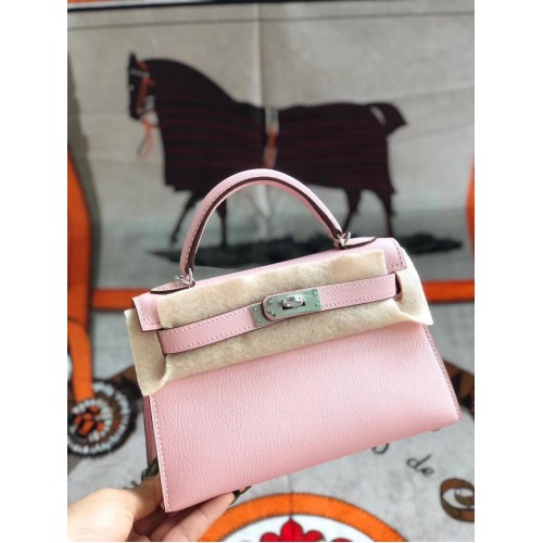 Hermes original mini Kelly chevre mysore K19CM pink&silver Metal