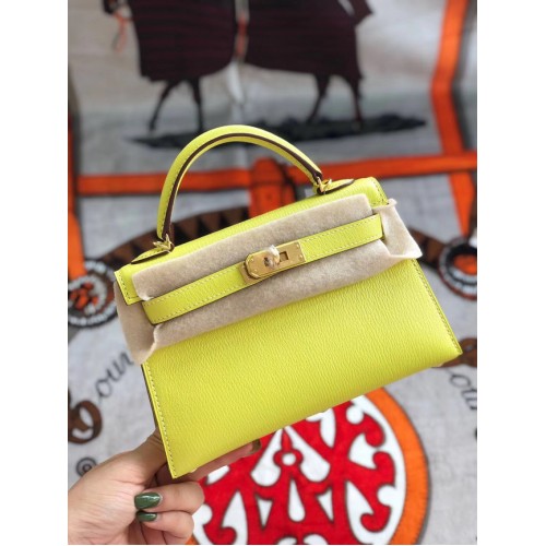 Hermes original mini Kelly chevre mysore K19CM yellow&Gold Metal