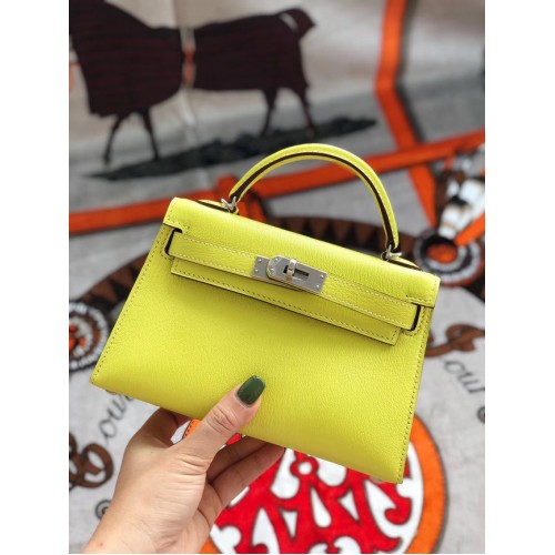 Hermes original mini Kelly chevre mysore K19CM yellow&silver Metal