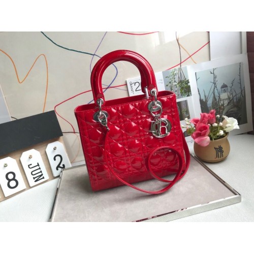 LADY DIOR MY ABCDIOR Patent Leather Bag Red M05389 Silver
