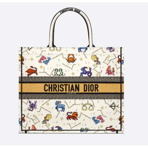 LARGE DIOR BOOK TOTE Latte Multicolor Dior Pixel Zodiac Embroidery M1286ZRTY