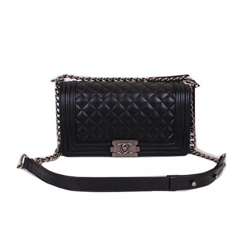 Le Boy Chanel Flap Shoulder Bag Black Sheepskin Leather CHA67086 Silver
