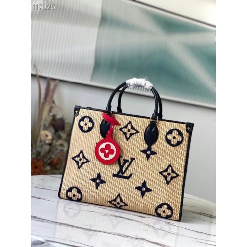 Louis Vuitton Onthego Monogram Raffia Giant Weave Embroidery Medium Tote Bag M57723 Blue