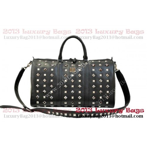 MCM Stark Weekender Medium Boston Bag in Black Calfskin