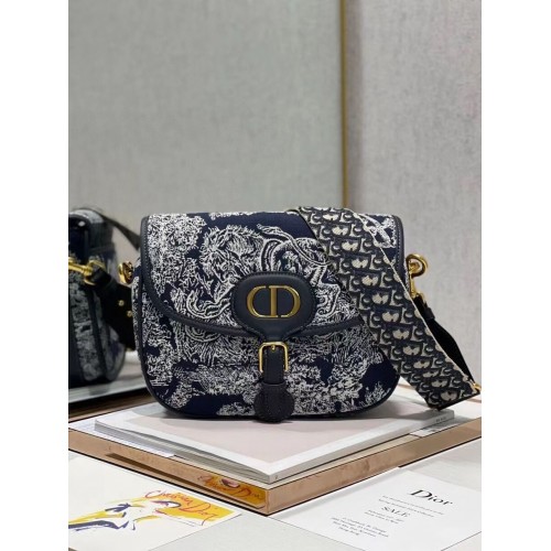 Large  DIOR BOBBY BAG Warm Taupe Box Oblique Embroidery C9267 dark blue