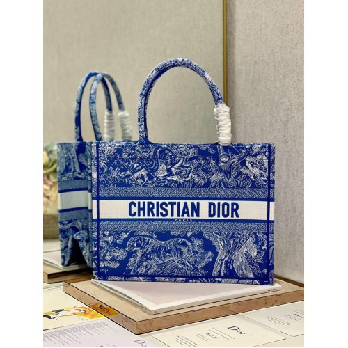 MEDIUM DIOR BOOK TOTE Fluorescent Blue Toile de Jouy Reverse Embroidery M1296ZROC