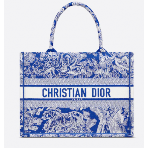 MEDIUM DIOR BOOK TOTE Fluorescent Blue Toile de Jouy Reverse Embroidery M1296ZROC