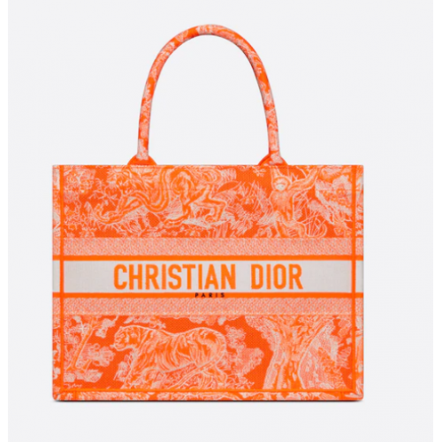 MEDIUM DIOR BOOK TOTE Fluorescent Orange Toile de Jouy Reverse Embroidery M1296ZROC