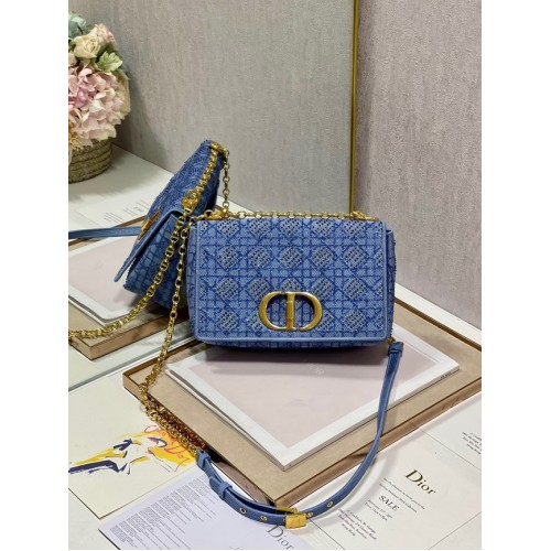 MEDIUM DIOR CARO BAG Macrocannage Tweed Embroidery M9242 blue