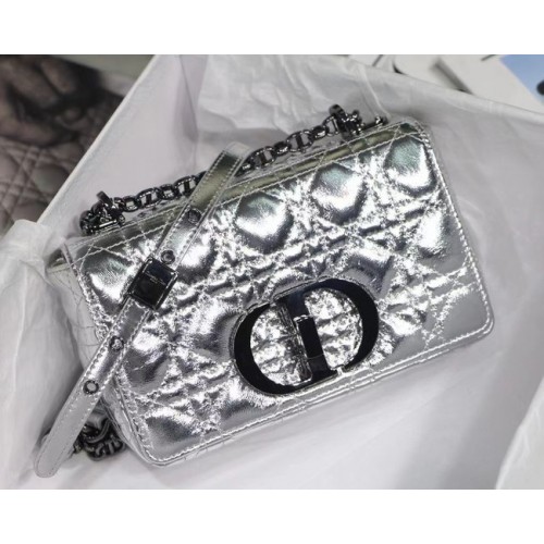 SMALL DIOR CARO BAG Silver-Tone Dior Spatial Crinkled Metallic Calfskin M9241B