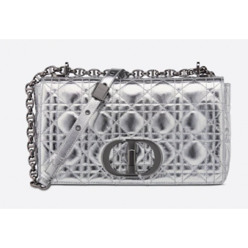 MEDIUM DIOR CARO BAG Silver-Tone Dior Spatial Crinkled Metallic Calfskin M9242B