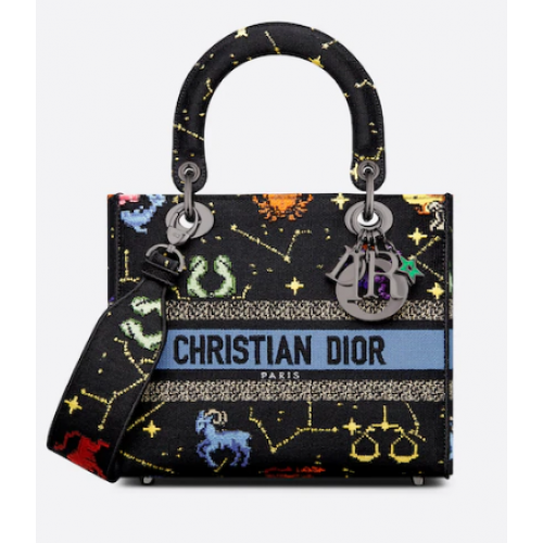 MEDIUM LADY D-LITE BAG Black Multicolor Dior Pixel Zodiac Embroidery M0565BRTY