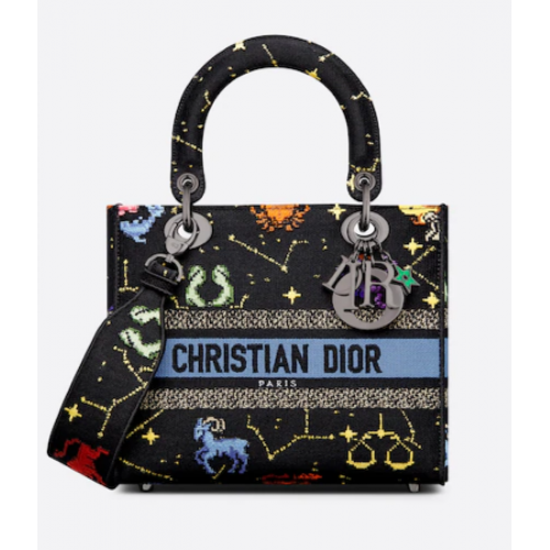 MEDIUM LADY D-LITE BAG Black Multicolor Dior Pixel Zodiac Embroidery M0565BRTY
