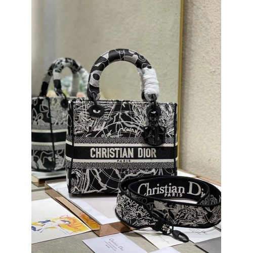 MEDIUM LADY D-LITE BAG Black and white globe Embroidery M0565O