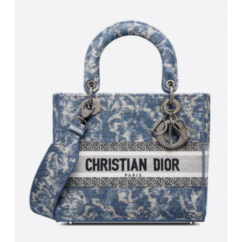 MEDIUM LADY D-LITE BAG Blue Dior Brocart Denim-Effect Embroidery M0565