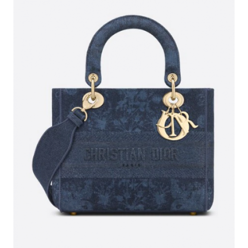 MEDIUM LADY D-LITE BAG Blue Dior Flowers Embroidered Denim M0565OJA