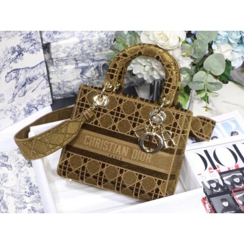 MEDIUM LADY D-LITE BAG Brown Cannage Embroidered Velvet M0565OW