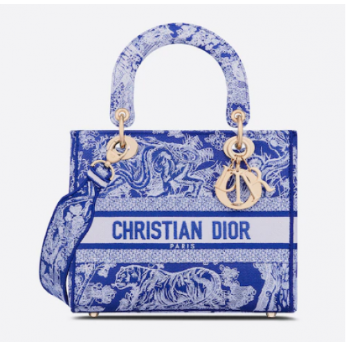 MEDIUM LADY D-LITE BAG Fluorescent Blue Toile de Jouy Reverse Embroidery M0565OROC