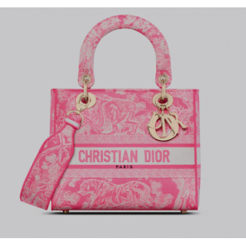 MEDIUM LADY D-LITE BAG Fluorescent Pink Toile de Jouy Reverse Embroidery M0565OROC