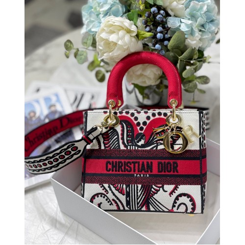 MEDIUM LADY D-LITE BAG M8002 Red Multicolor Dior Arabesque Embroidery