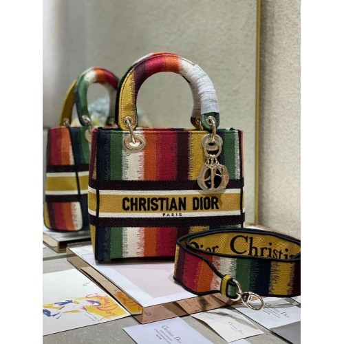 MEDIUM LADY D-LITE BAG Multicolor D-Stripes Embroidery M0565ORFQ