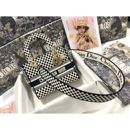 MEDIUM LADY D-LITE DIORAMOUR BAG Navy Dior Dots Embroidery M0565OBB Navy