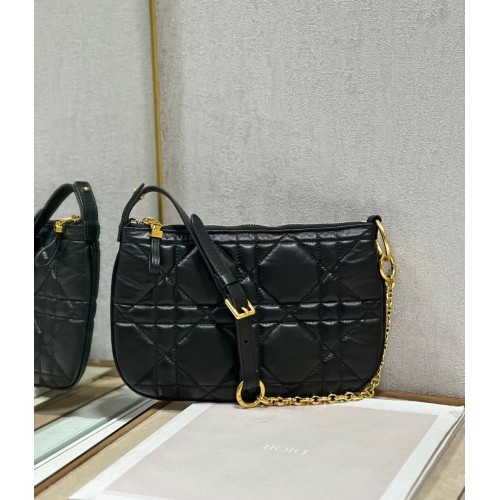 MINI DIOR CARO TULIP BAG Black Quilted Macrocannage Calfskin S5139Bb