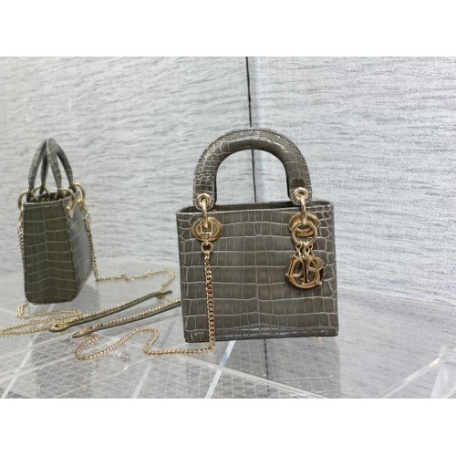 MINI LADY DIOR BAG Cannage crocodile Calfskin C0966 gray