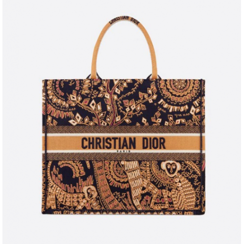 ORANGE AND BLACK DIOR BOOK TOTE DIOR ANIMALS EMBROIDERED CANVAS BAG M747