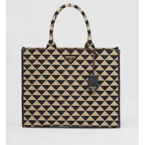 Prada Large Prada Symbole jacquard fabric handbag 1BR255 Black&Beige