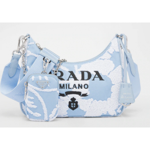Prada Re-Edition 2006 embroidered drill shoulder bag 1BH204 sky blue