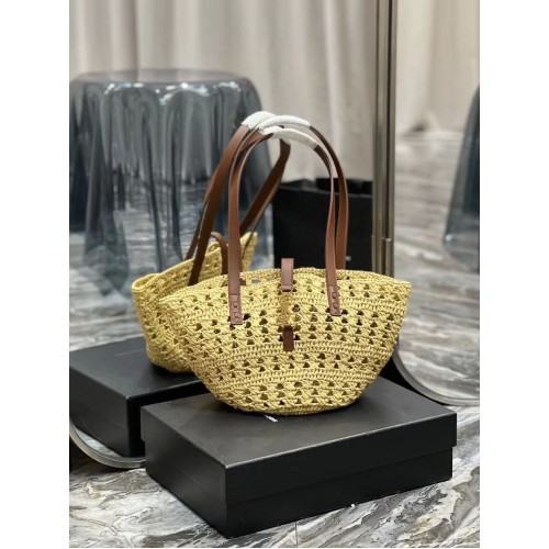 SAINT LAUREN PANIER SMALL BAG IN CROCHET RAFFIA AND SMOOTH LEATHER 685618 NATUREL