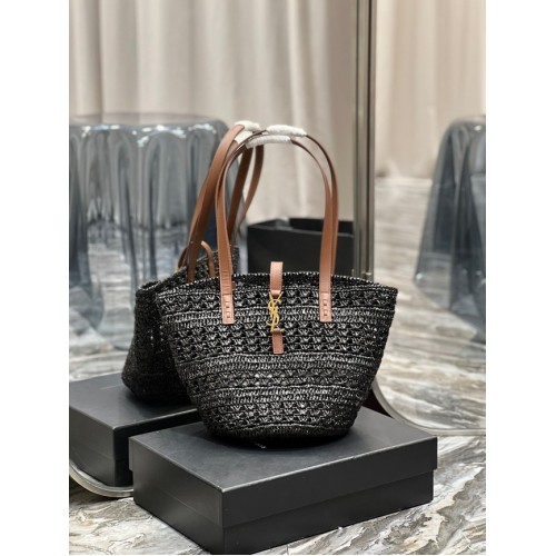SAINT LAUREN PANIER SMALL BAG IN CROCHET RAFFIA AND SMOOTH LEATHER 685618 black