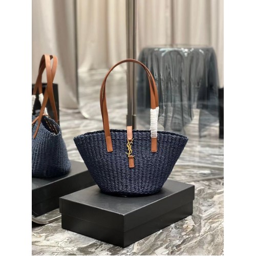 SAINT LAUREN PANIER SMALL BAG IN CROCHET RAFFIA AND SMOOTH LEATHER 685618 dark blue