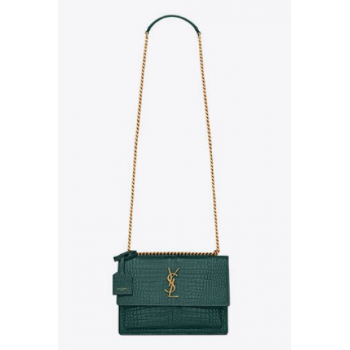 SAINT LAUREN SUNSET MEDIUM CHAIN BAG IN CROCODILE-EMBOSSED SHINY LEATHER 422906 SEA TURQUOISE