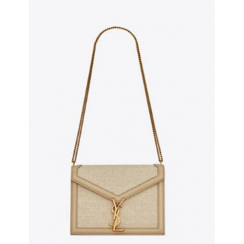 SAINT LAURENT CASSANDRA MEDIUM CHAIN BAG IN CANVAS AND BOX SAINT LAURENT LEATHER 532750 BEIGE ET SEA SALT