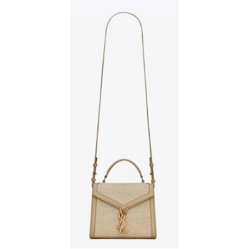 SAINT LAURENT CASSANDRA MINI TOP HANDLE BAG IN CANVAS AND BOX SAINT LAURENT LEATHER 623930 BEIGE ET SEA SALT