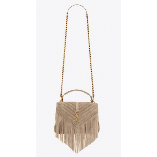 SAINT LAURENT COLLEGE MEDIUM CHAIN BAG IN LIGHT SUEDE WITH FRINGES 5317050 DUSTY GREY