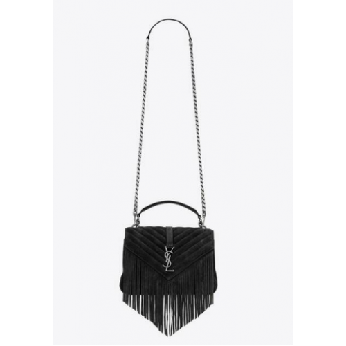 SAINT LAURENT COLLEGE MEDIUM CHAIN BAG IN LIGHT SUEDE WITH FRINGES 5317050 black