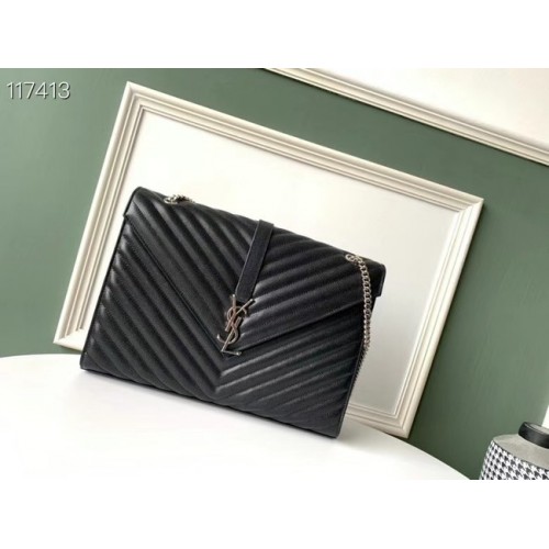 SAINT LAURENT ENVELOPE LARGE BAG IN MIX MATELASSE GRAIN DE POUDRE EMBOSSED LEATHER 600166B BLACK