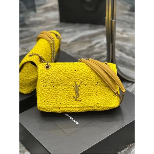 SAINT LAURENT JAMIE MEDIUM CHAIN BAG CARRE RIVE GAUCHE IN CROCHET RAFFIA AND SMOOTH LEATHER 515821 YELLOW