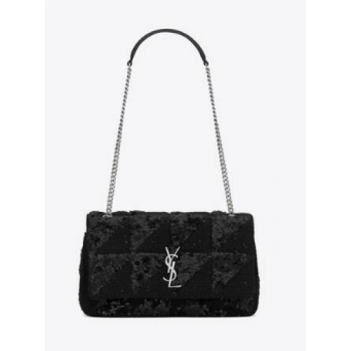 SAINT LAURENT JAMIE MEDIUM CHAIN BAG CARRE RIVE GAUCHE IN SEQUINS AND SEQUINED TWEED 515821 BLACK