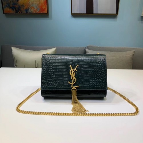 SAINT LAURENT Kate croc-embossed leather shoulder bag 474366 Blackish green