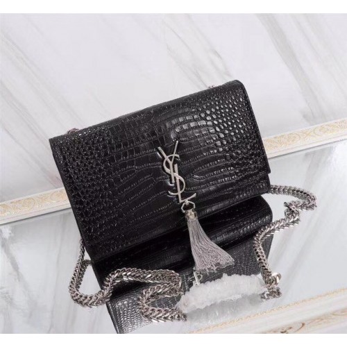 SAINT LAURENT Kate monogram medium crocodile-embossed leather shoulder bag 9288 black