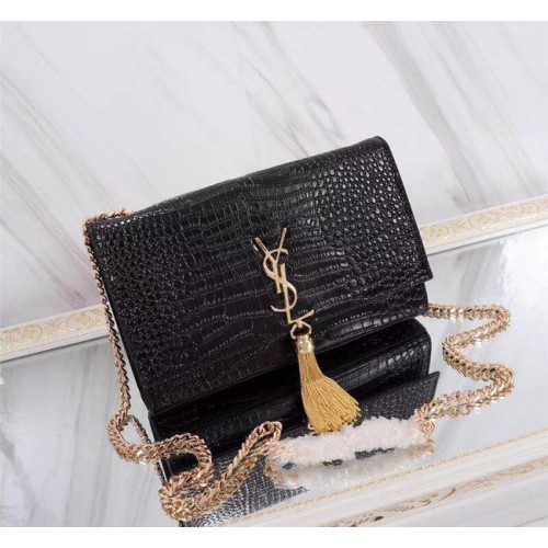 SAINT LAURENT Kate monogram medium crocodile-embossed leather shoulder bag A9288 black