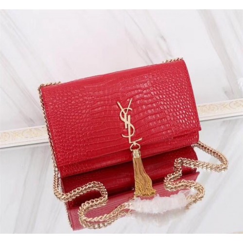 SAINT LAURENT Kate monogram medium crocodile-embossed leather shoulder bag A9288 red